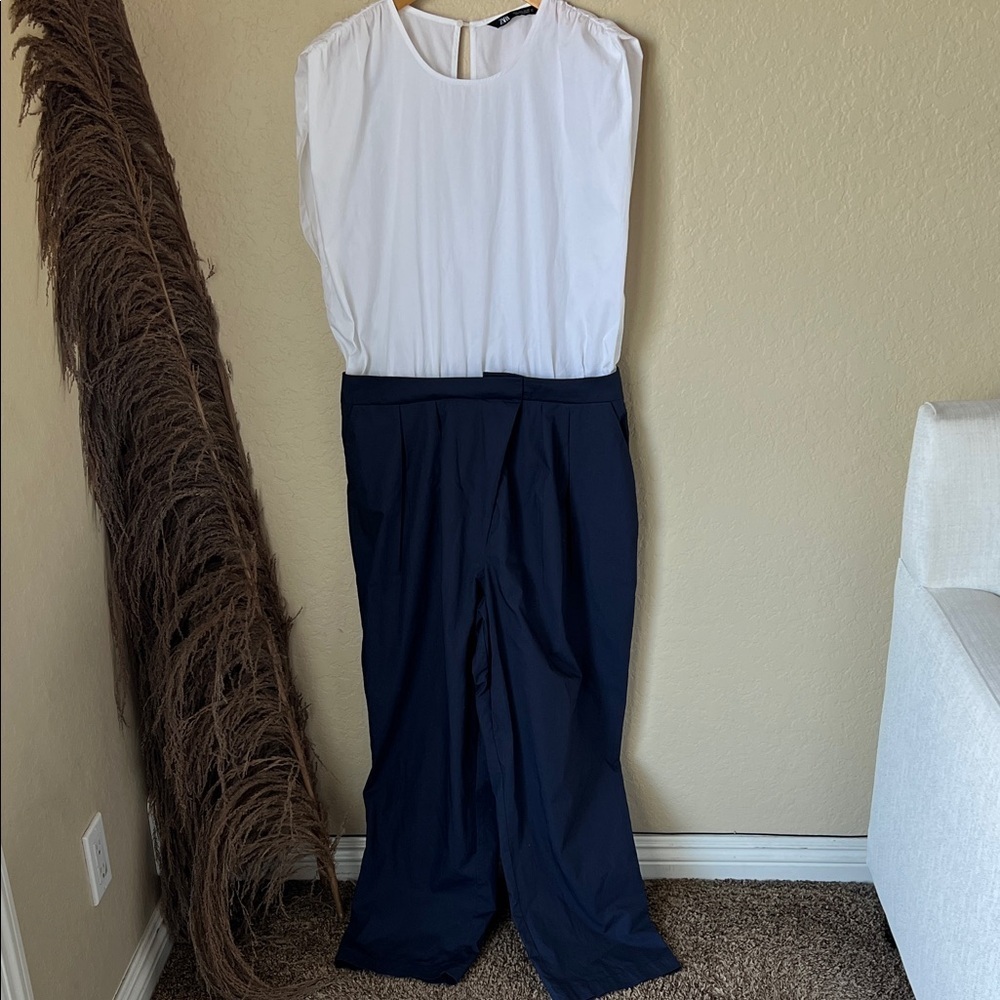Zara white and navy poplin mixed jumpsuit - Picture 2 of 9